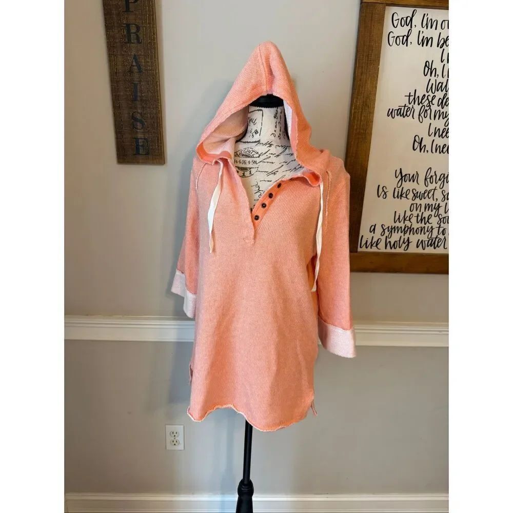 Soft Surroundings Women's Just Beachy 3/4 Sleeve Pullover Hoodie Peach Size XS